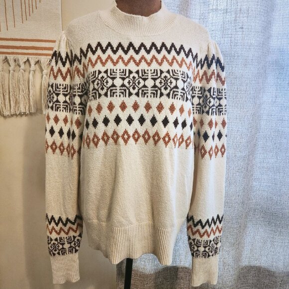 Loft Cream Fair Isle Mock Neck Sweater | Puckered Sleeve Detail | Size L | NWOT - Picture 1 of 14